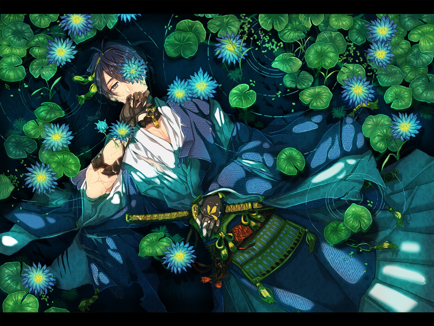 1boy, black_hair, floating, flower, flower_eyepatch, from_above, gloves, japanese_clothes