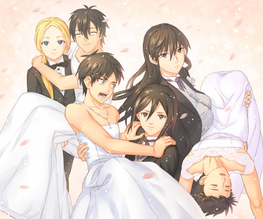 3boys, 3girls, black_hair, blonde_hair, blue_eyes, bowtie, bride, brown_hair