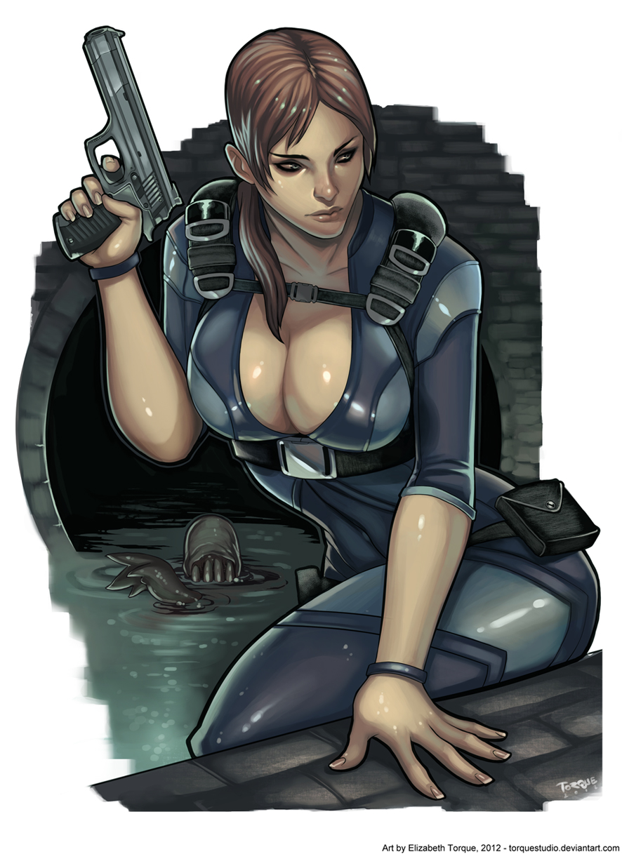 1girl, blue_eyes, bodysuit, bracelet, breasts, brown_hair, catsuit, cleavage, covered_navel, elizabeth_torque, eyebrows, gun, hair_over_shoulder, handgun, harness, highres, jewelry, jill_valentine, large_breasts, lips, nose, pistol, ponytail, resident_evil, skin_tight, solo, weapon, zombie
