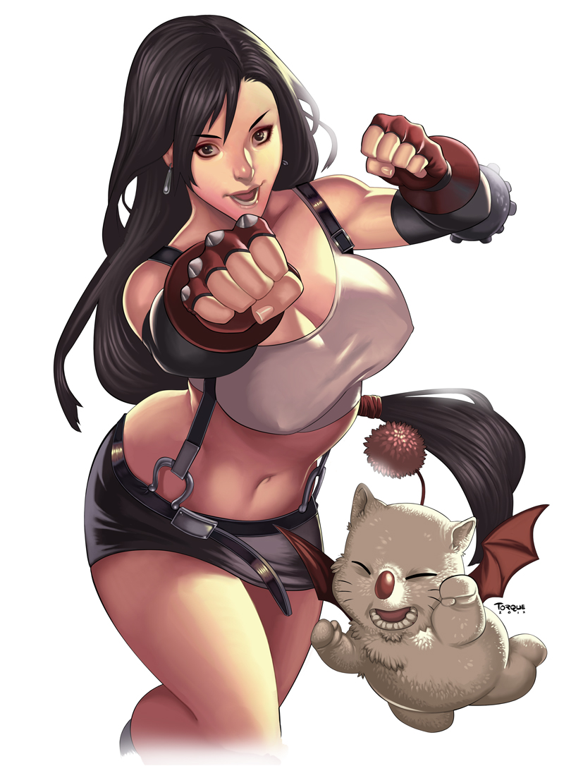 1girl, black_hair, breasts, cleavage, clenched_hands, covered_nipples, cowboy_shot, crop_top