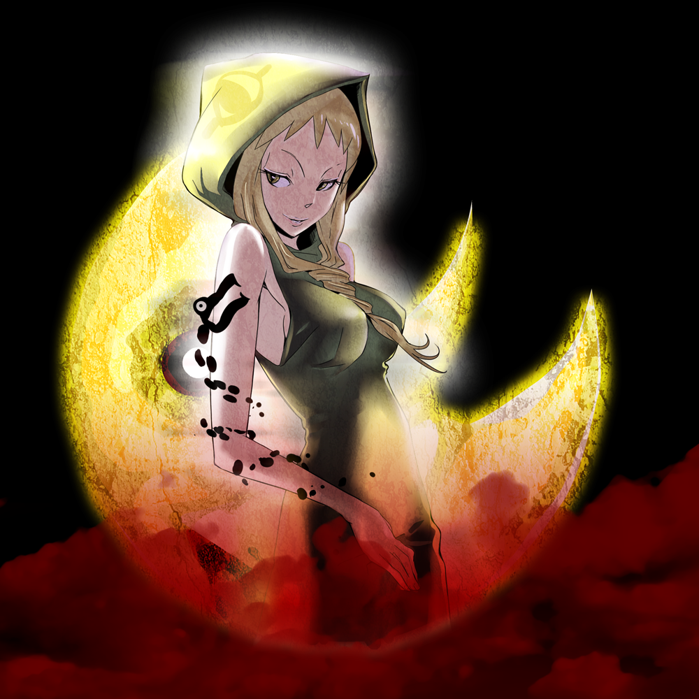 blonde_hair, braid, erect_nipples, gassun, hood, large_breasts, medusa_gorgon, moon