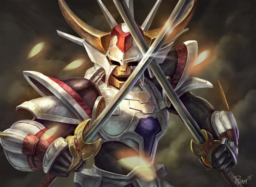 andy_timm, commentary, crossed_swords, dual_wielding, power_armor, reference_work, sanada_ryou, solo
