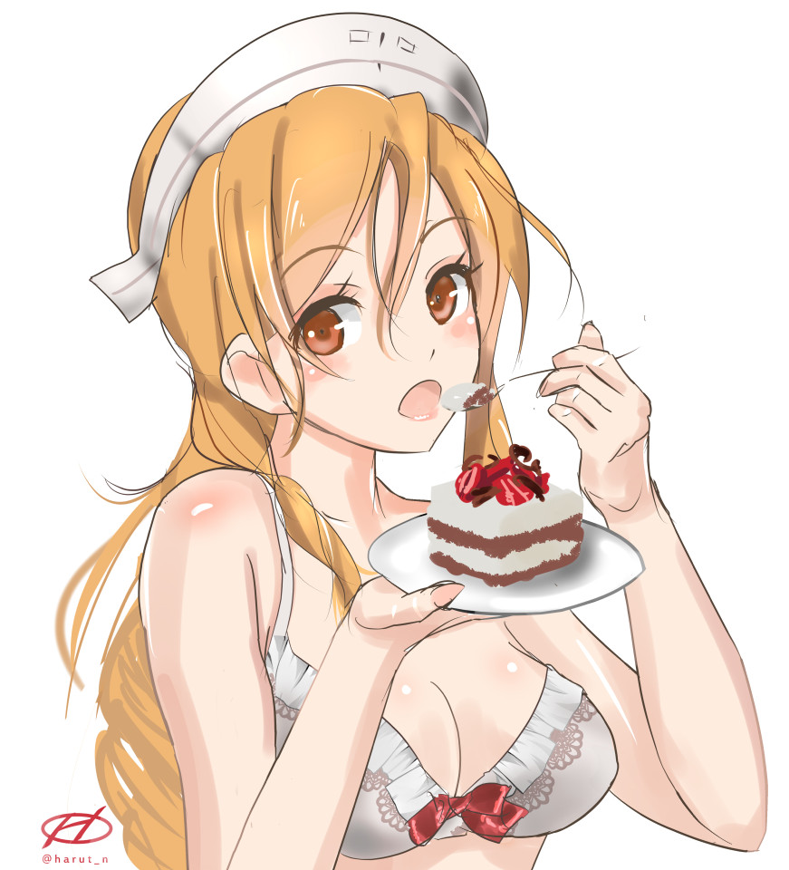 1girl, alternate_costume, bikini_top, breasts, brown_eyes, brown_hair, cake, eating, food, hair_between_eyes, harut_n, italia_(kantai_collection), kantai_collection, large_breasts, littorio_(kantai_collection), long_hair, looking_at_viewer, ponytail, solo, upper_body, wavy_hair