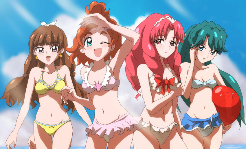4girls, akagi_towa, amanogawa_kirara, ball, beachball, bikini, blue_eyes, blue_hair