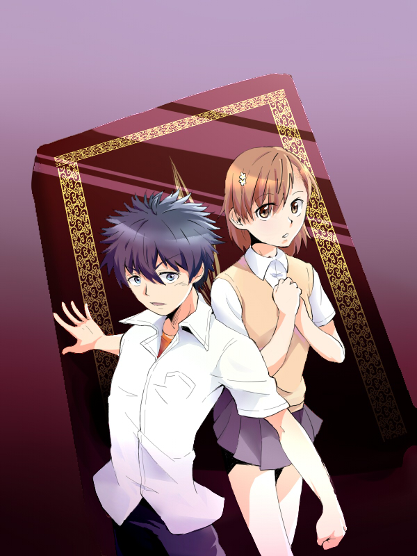1boy, 1girl, black_eyes, black_hair, book, brown_eyes, brown_hair, kamijou_touma