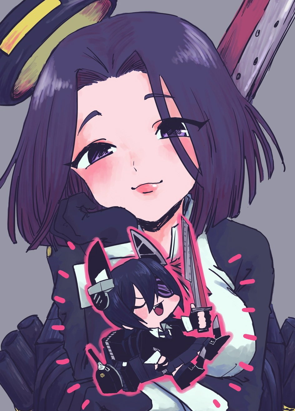 2girls, black_hair, chibi, eyepatch, gloves, hand_on_hip, hand_on_own_face, highres, k38-km, kantai_collection, mechanical_halo, multiple_girls, purple_hair, smile, sword, tatsuta_(kantai_collection), tenryuu_(kantai_collection), violet_eyes, weapon