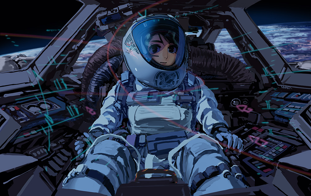 1girl, breasts, cockpit, helmet, mao_(matz8), pilot_suit, science_fiction, solo
