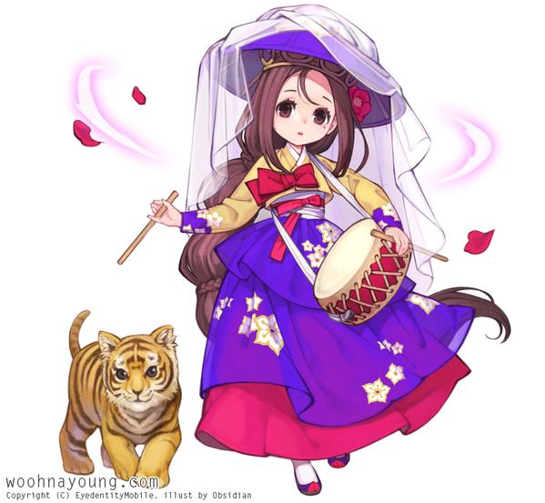 1girl, brown_eyes, brown_hair, drum, drumsticks, flower, hair_flower, hair_ornament