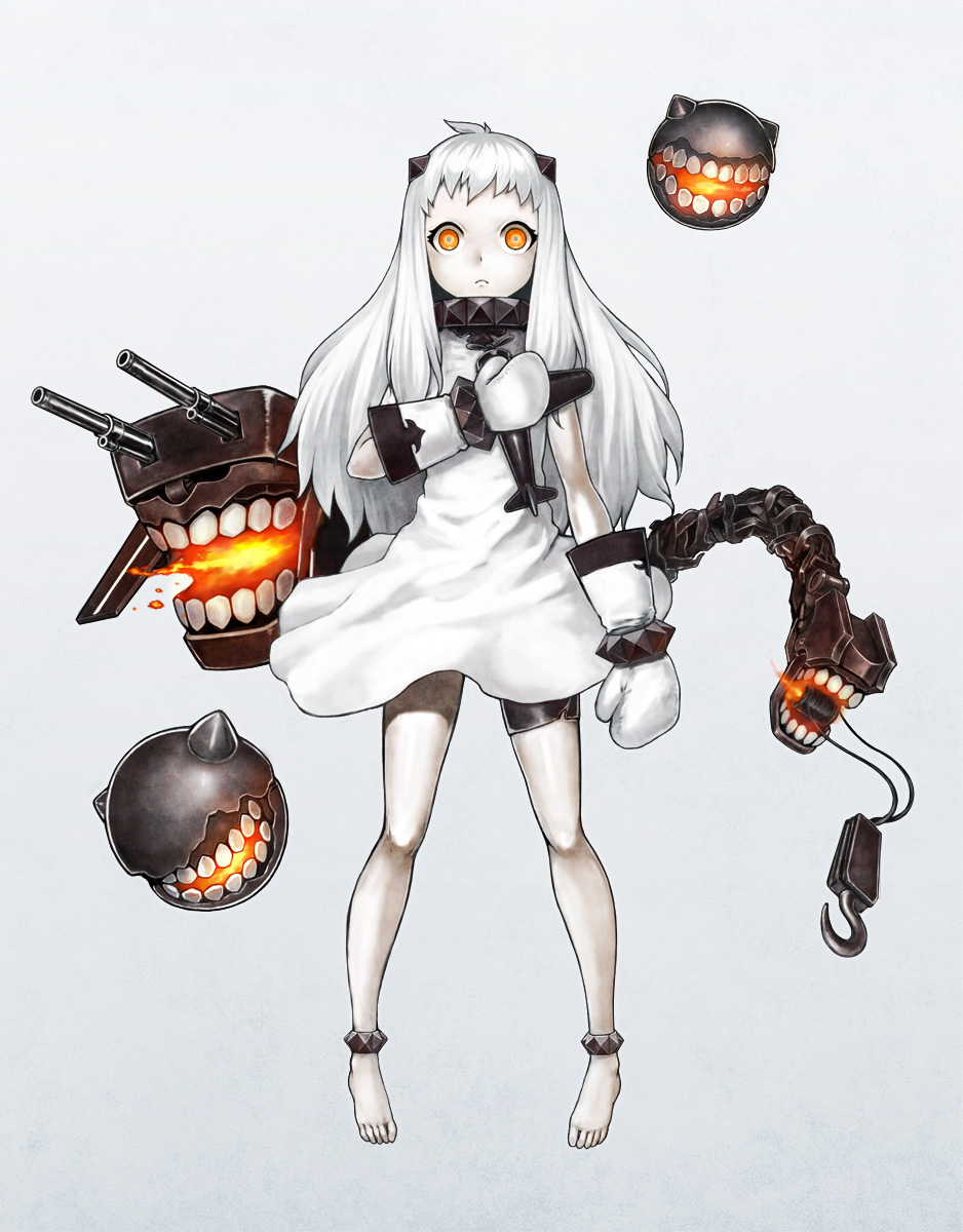 1girl, ahoge, airplane, dress, enemy_aircraft_(kantai_collection), frown, highres, holding, horns, kantai_collection, long_hair, looking_at_viewer, machinery, makun_dx, mittens, northern_ocean_hime, orange_eyes, shinkaisei-kan, simple_background, solo, turret, white_dress, white_hair, white_skin