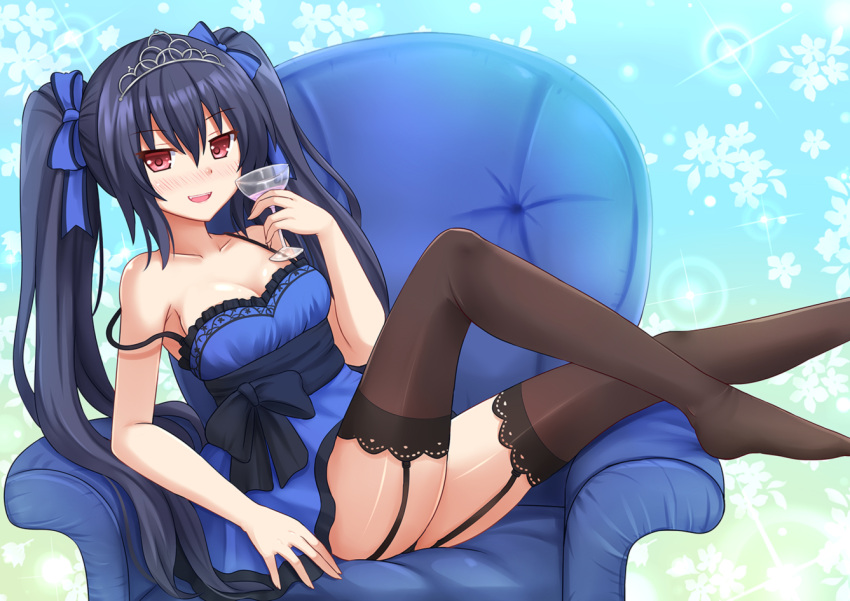 1girl, :d, alcohol, armchair, bare_shoulders, black_hair, black_legwear, blue_background, blue_dress, blue_ribbon, blush, breasts, chair, choujigen_game_neptune, cleavage, cup, dress, drinking_glass, fang, floral_background, garter_straps, hair_between_eyes, hair_ribbon, kazenokaze, long_hair, looking_at_viewer, neptune_(series), noire, nose_blush, off_shoulder, open_mouth, red_eyes, ribbon, sah, shiny, shiny_skin, simple_background, smile, strap_slip, thigh-highs, thighs, tiara, twintails, very_long_hair, wine, wine_glass