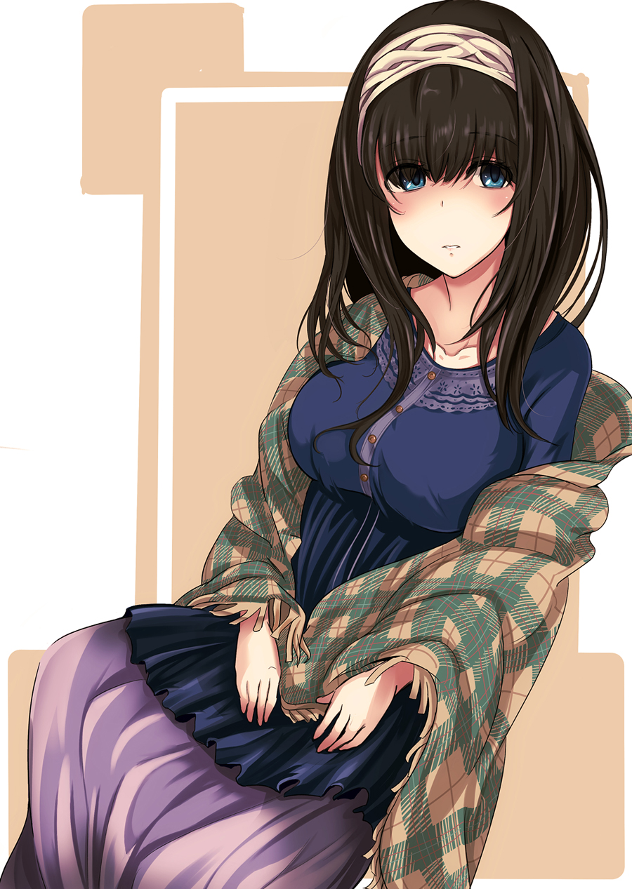 1girl, black_hair, blouse, blue_eyes, blush, breasts, gaku_daichi, hairband