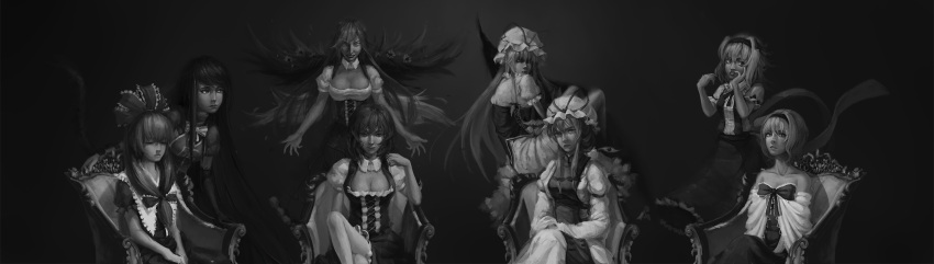 6+girls, absurdly_long_hair, alice_margatroid, alice_margatroid_(pc-98), alternate_costume, armband, bangs, bow