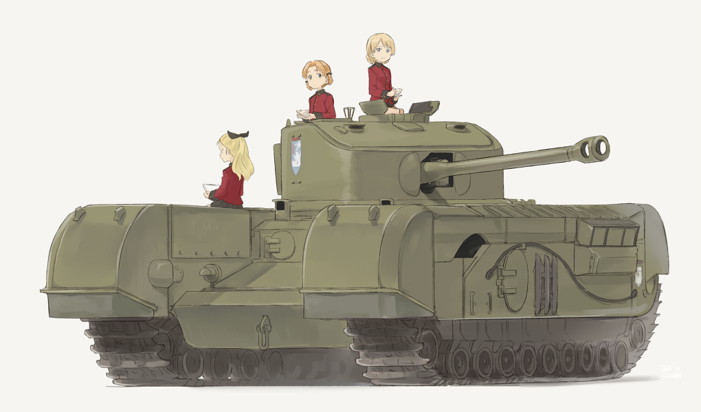assam, blonde_hair, blue_eyes, bow, braid, churchill_(tank), cup, darjeeling