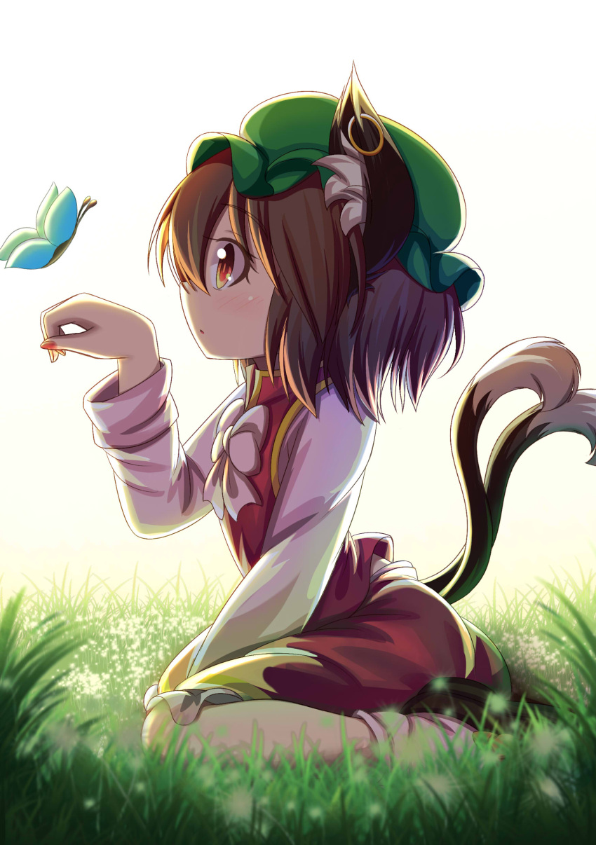 1girl, :o, absurdres, animal_ears, backlighting, between_legs, brown_hair, butterfly