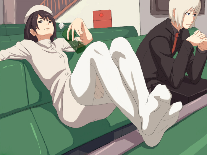 bottle, couch, feet, formal, hat, maasan, necktie, nurse, original, panties, panties_under_pantyhose, pantyhose, short_hair, sitting, skirt_suit, suit, underwear, upskirt, white_legwear, white_pantyhose