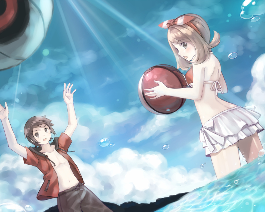 1boy, 1girl, bikini, brown_eyes, brown_hair, haruka_(pokemon), highres, holding_ball