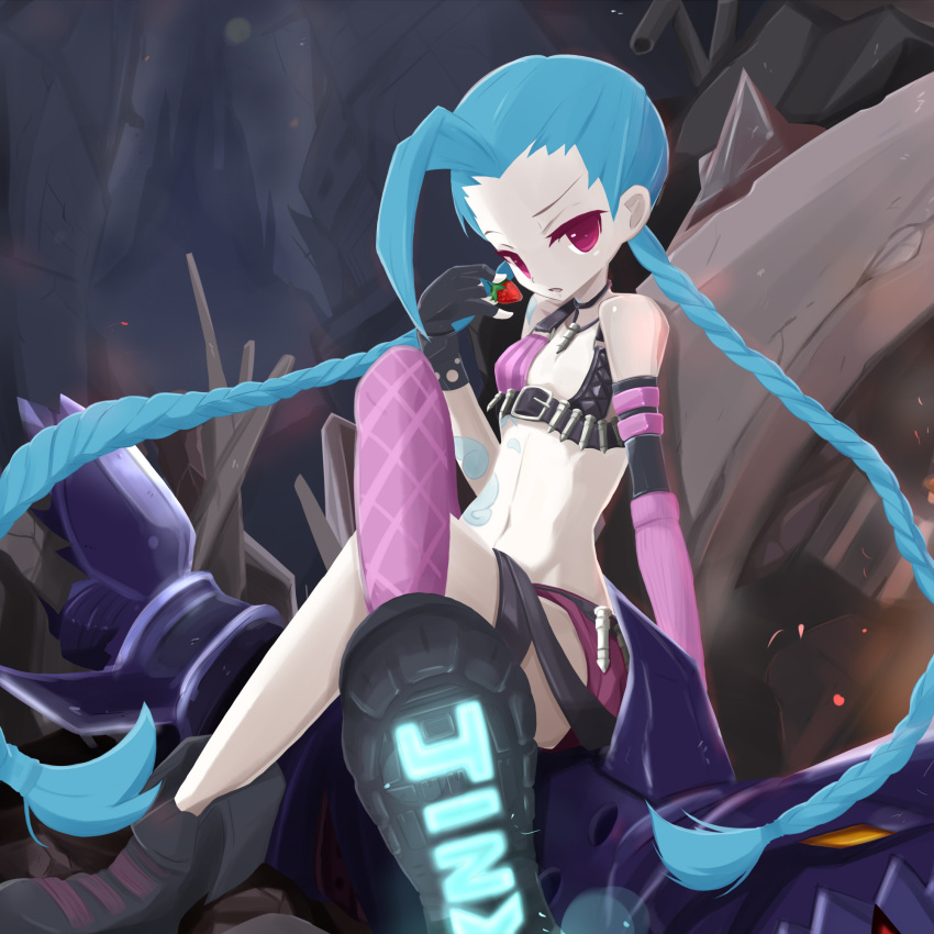 1girl, ahoge, aqua_hair, braid, bullet, crossed_legs, dorasan, fishnet_legwear, fishnets, food, fruit, highres, huge_ahoge, huge_weapon, jinx_(league_of_legends), league_of_legends, long_hair, pink_eyes, single_thighhigh, sitting, small_breasts, solo, strawberry, thigh-highs, twin_braids, very_long_hair, weapon