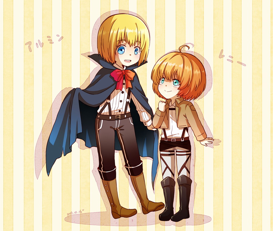 2boys, :>, ahoge, armin_arlert, armin_arlert_(cosplay), blonde_hair, blue_eyes, boots