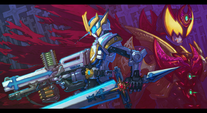 cape, cross, gun, kamen_rider, kamen_rider_ixa, kamen_rider_kiva, kamen_rider_kiva_(series), mecha, nakayama_tooru, nakayama_toru, power_armor, sword, weapon