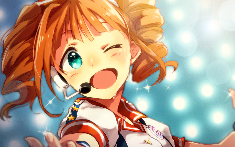 1girl, anaroguya, aqua_eyes, drill_hair, flying_sweatdrops, idolmaster, looking_at_viewer, one_eye_closed