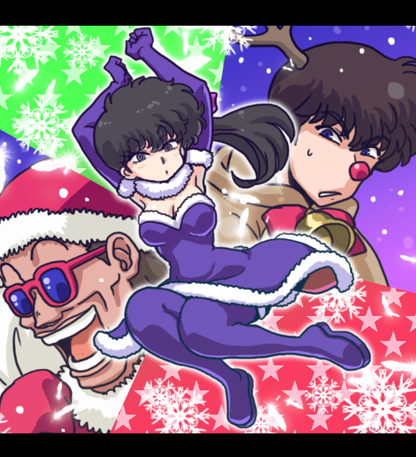 1girl, 2boys, :d, alternate_costume, animal_costume, antlers, armpits, arms_up