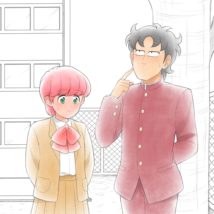 1boy, 1girl, black_hair, blush, gakuran, green_hair, high_school!_kimengumi, ichidou_rei