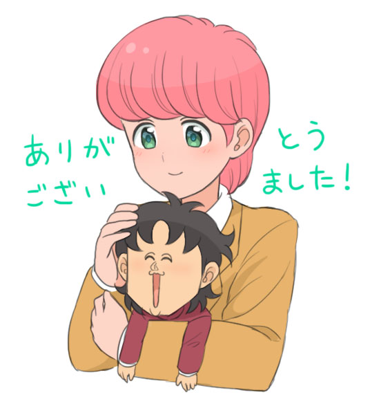 1boy, 1girl, :3, black_hair, blush, chibi, green_eyes, high_school!_kimengumi