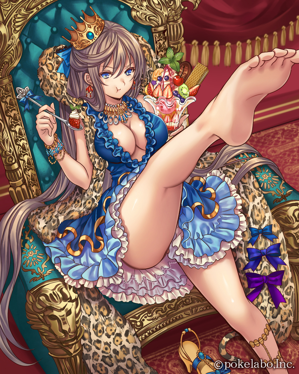 1girl, bare_legs, barefoot, blue_eyes, bracelet, breasts, cape, cleavage
