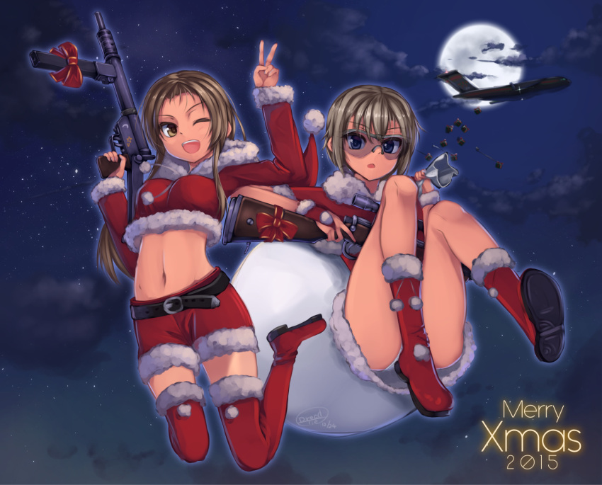 2girls, airplane, blue_eyes, blyskawica, brown_eyes, brown_hair, dreadtie, falling, goggles, gun, highres, long_hair, midriff, multiple_girls, one_eye_closed, original, rifle, santa_costume, short_hair, submachine_gun, thigh-highs, weapon