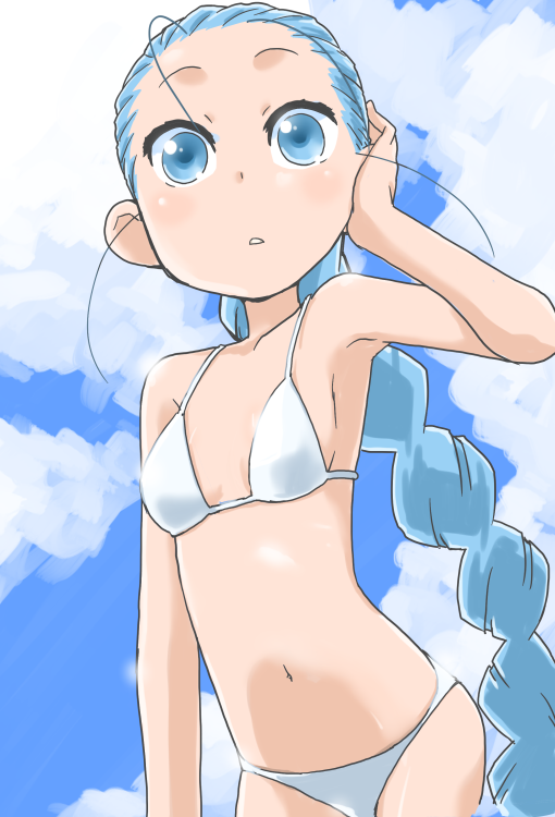 1girl, bikini, blue_eyes, blue_hair, braid, kanban_musume_wa_sashiosae, shinonome_isuzu, solo