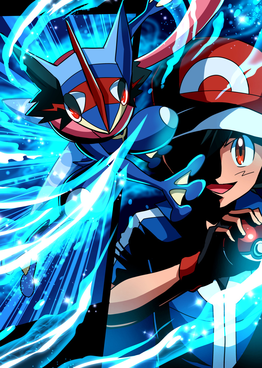 absurdres, alternate_form, ash-greninja, baseball_cap, black_gloves, black_hair, blue_jacket, bond_phenomenon_(pokemon)