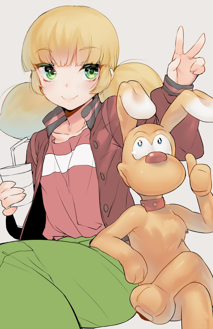 1girl, bendy_straw, blonde_hair, blush, brain_(inspector_gadget), cup, dog, drinking_straw