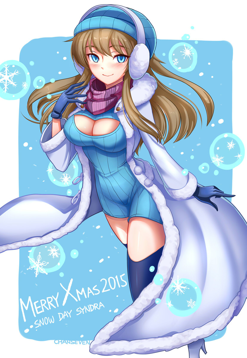 1girl, alternate_costume, blue_eyes, blue_legwear, breasts, brown_hair, chan_qi_(fireworkhouse), christmas