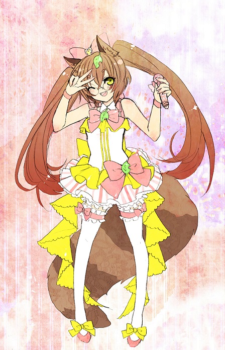 1girl, ;d, alternate_hairstyle, animal_ears, bow, brown_eyes, brown_hair, cosplay, dress, frills, futatsuiwa_mamizou, glasses, hair_bow, idol, kido5899, leaf, leaf_on_head, long_hair, manaka_lala, manaka_lala_(cosplay), microphone, one_eye_closed, open_mouth, pripara, raccoon_ears, raccoon_tail, smile, tail, thigh-highs, touhou, twintails, v, very_long_hair, white_legwear