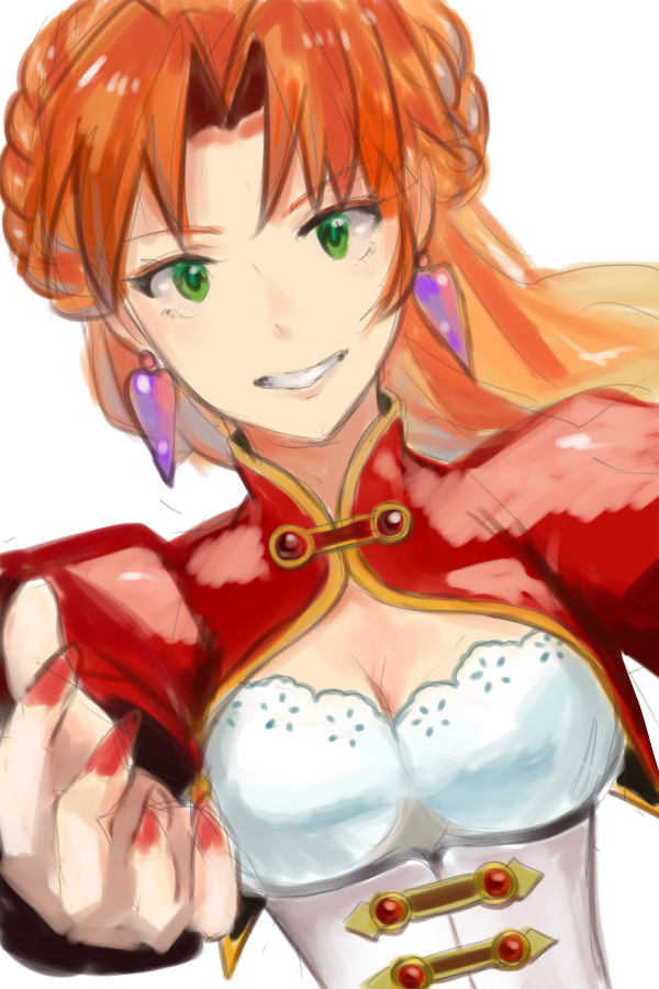 1girl, bangs, braid, earrings, grandia, grandia_ii, green_eyes, grin