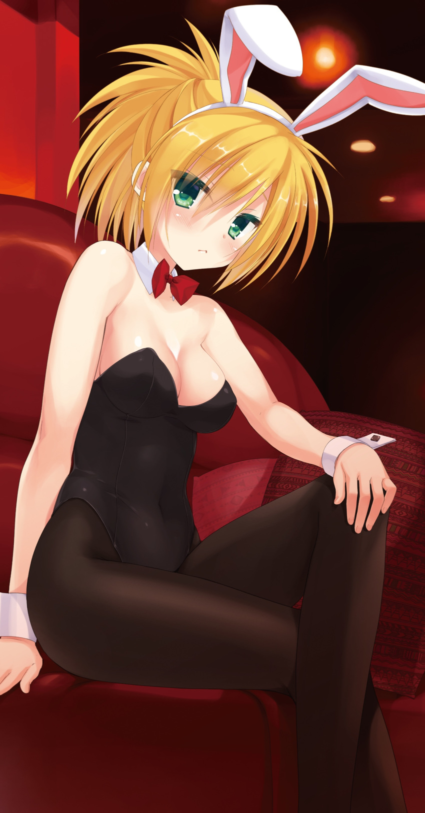 1girl, :<, absurdres, animal_ears, bare_shoulders, black_legwear, blonde_hair, blush