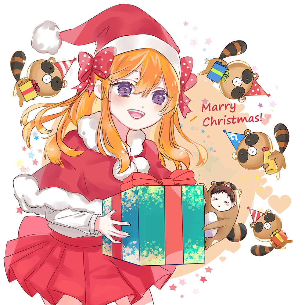 1boy, 1girl, animal_costume, black_hair, bow, capelet, christmas, gekkan_shoujo_nozaki-kun