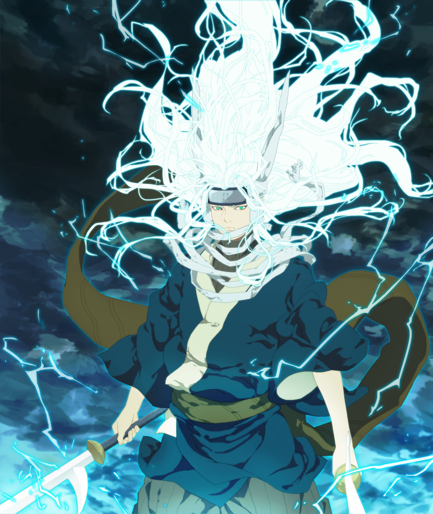 1girl, absurdres, alternate_hair_color, alternate_hairstyle, ameyuri_ringo, electricity, forehead_protector, green_eyes
