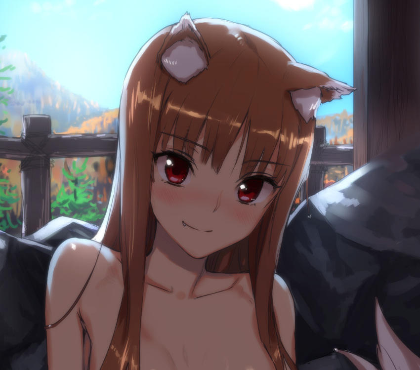 1girl, animal_ears, blush, breasts, brown_hair, collarbone, fang, highres