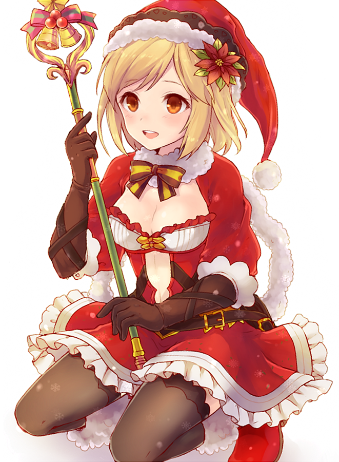 1girl, alternate_costume, black_legwear, blonde_hair, breasts, brown_gloves, cleavage, djeeta_(granblue_fantasy)