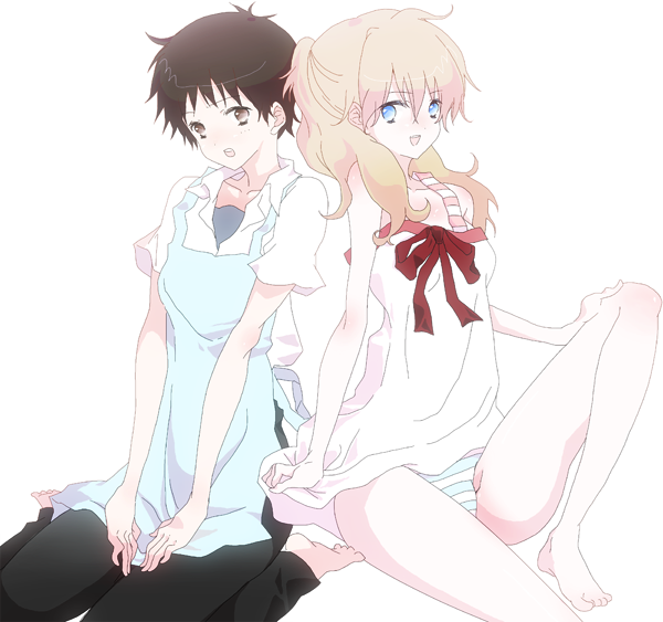 apron, bad_id, barefoot, blue_eyes, brown_eyes, brown_hair, dress_shirt, dresshirt, hatss, hm_(pixiv), ikari_shinji, legs, lingerie, neon_genesis_evangelion, open_mouth, orange_hair, panties, pants, rebuild_of_evangelion, red_hair, redhead, shikinami_asuka_langley, shirt, souryuu_asuka_langley, spoilers, thighs, underwear