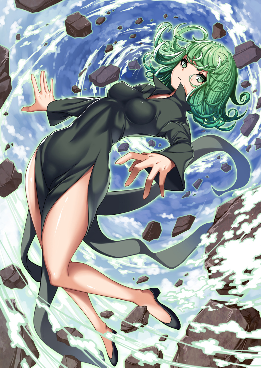 1girl, absurdres, bangs, black_dress, black_shoes, blue_sky, closed_mouth, covered_navel