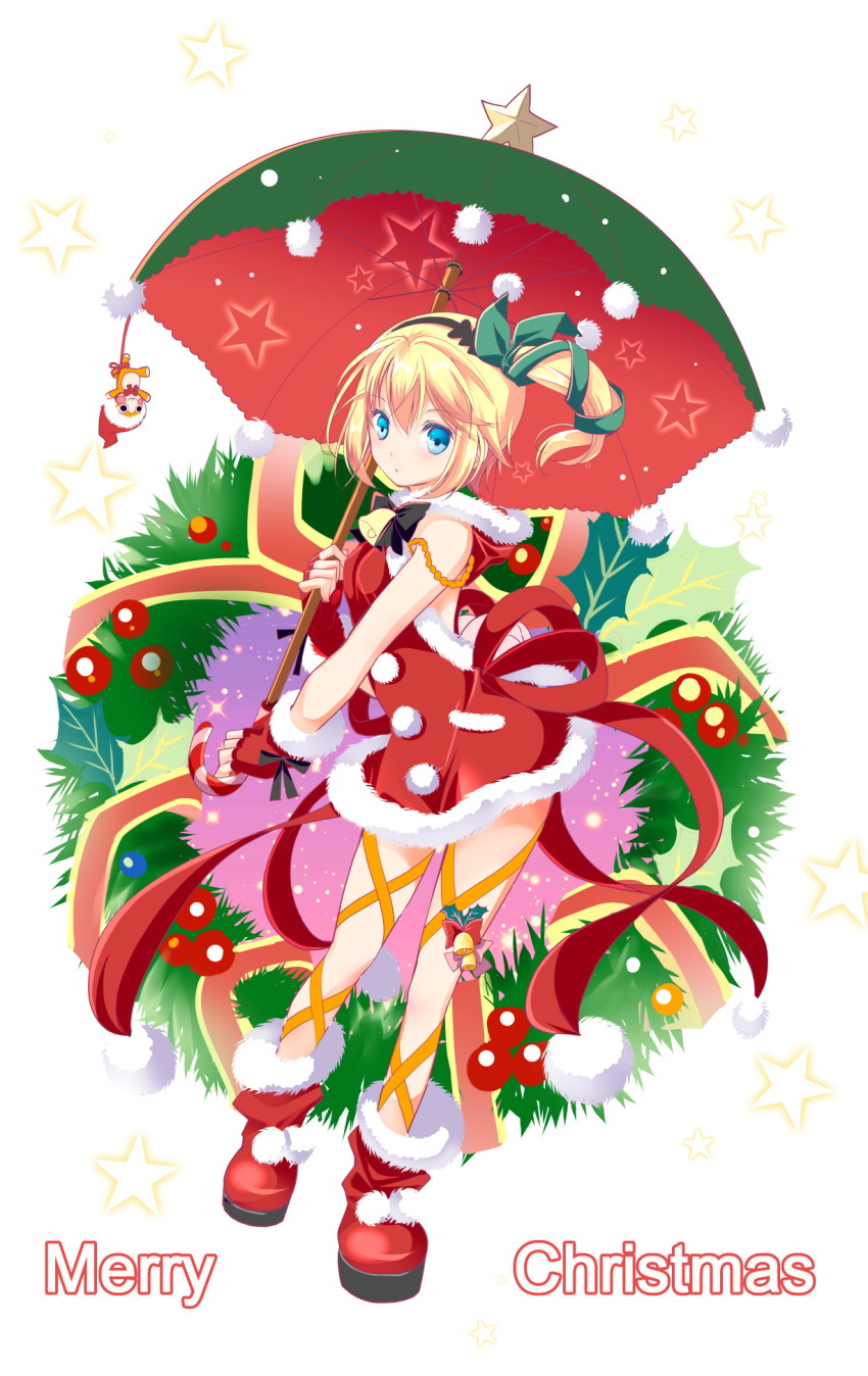 1girl, blonde_hair, blue_eyes, boots, christmas, dress, edna_(tales), hair_ribbon