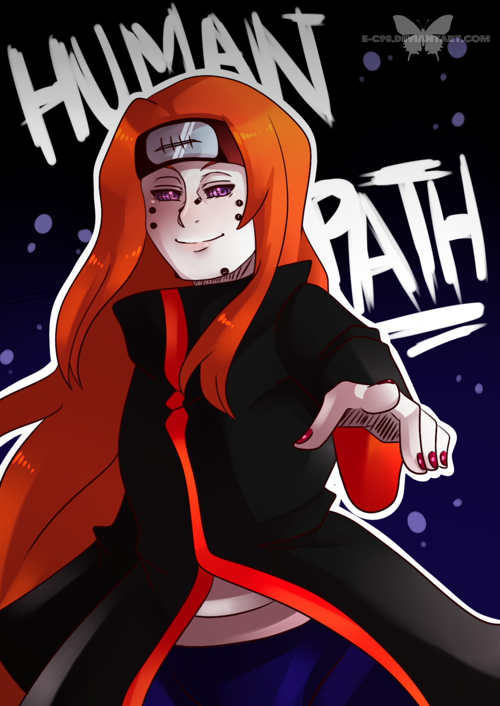 1boy, akatsuki_(naruto), black_background, e-c98, forehead_protector, highres, long_hair, nail_polish, naruto, naruto_shippuuden, ningendou_pain, orange_hair, pain_(naruto), piercing, solo, violet_eyes