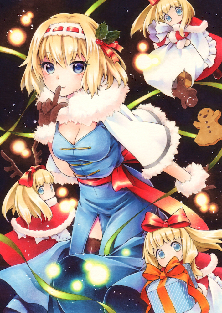 1girl, alice_margatroid, antlers, apron, bag, blonde_hair, blue_dress, blue_eyes