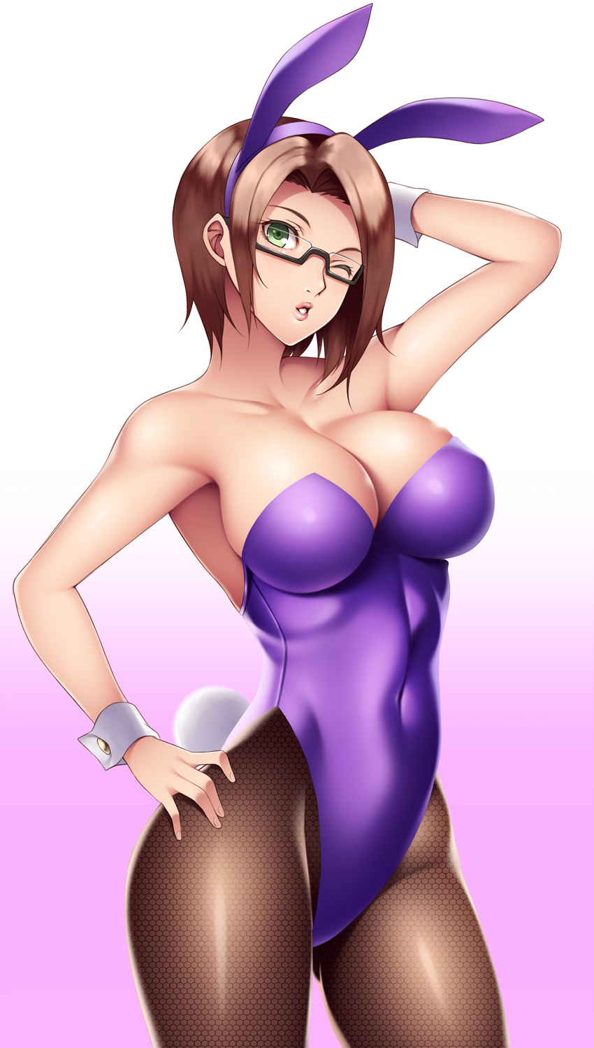 1girl, animal_ears, armpits, bare_shoulders, black-framed_glasses, brown_hair, bunny_girl, bunny_tail, bunnysuit, collarbone, covered_navel, cowboy_shot, eyelashes, fake_animal_ears, fishnet_pantyhose, fishnets, glasses, god_eater, god_eater_2:_rage_burst, gradient, gradient_background, hairband, hand_on_hip, hand_on_own_head, head_tilt, hexagon, highres, izayoi_kaname, looking_at_viewer, one_eye_closed, pantyhose, pink_lips, player_(god_eater_2), rabbit_ears, semi-rimless_glasses, short_hair, solo, tail, under-rim_glasses, wrist_cuffs