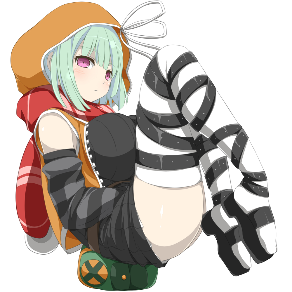 1girl, ass, bag, breasts, detached_sleeves, fetal_position, green_hair, hands_in_pockets, hood, hoodie, large_breasts, looking_at_viewer, naraku_(senran_kagura), no_panties, ribbed_sweater, scarf, senran_kagura, senran_kagura_(series), short_hair, simple_background, sleeveless, solo, striped_sleeves, sweater, thigh-highs, violet_eyes, watarui, white_background, white_legwear