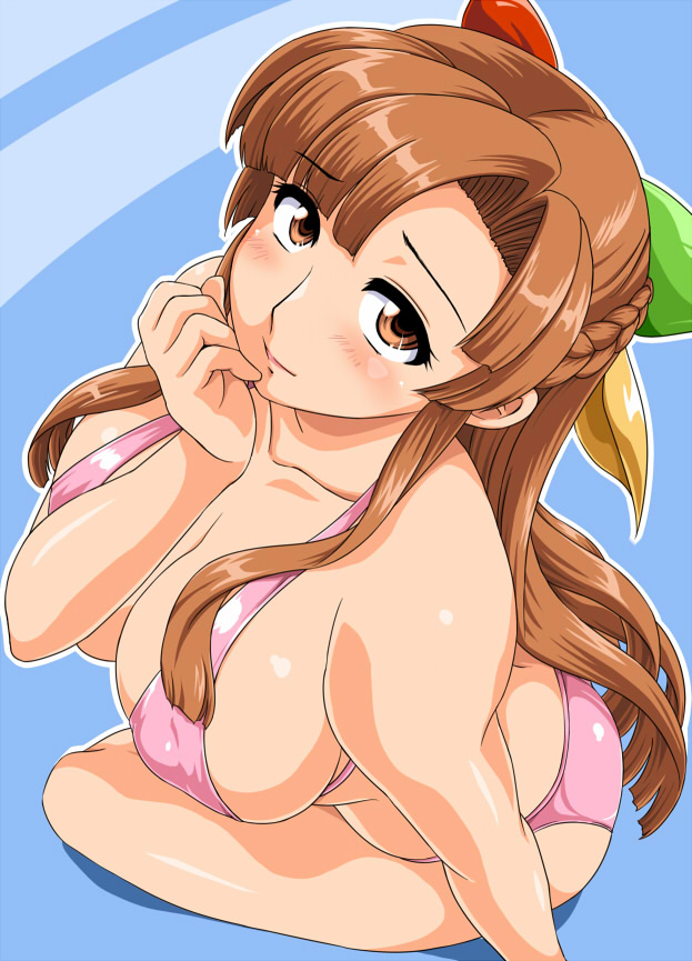 1girl, 95-tan, breasts, brown_eyes, brown_hair, cleavage, half_updo, long_hair, os-tan, toushi_ryoku