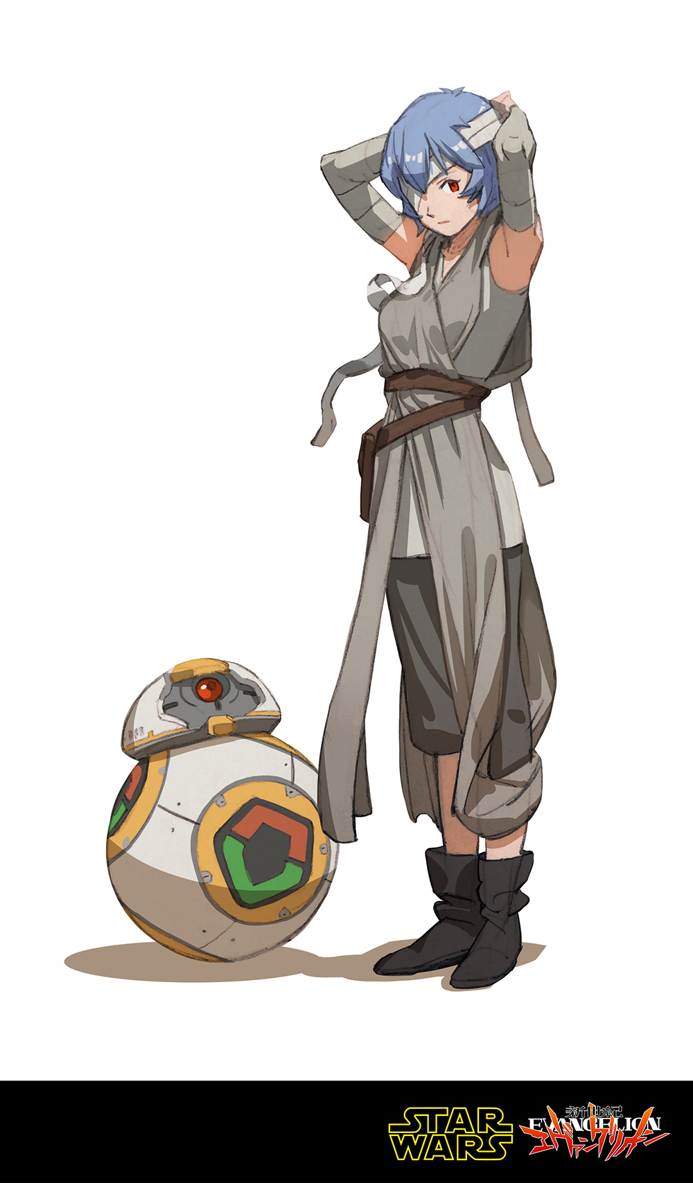 armpits, arms_behind_head, arms_up, ayanami_rei, bandages, bb-8, blue_hair, commentary