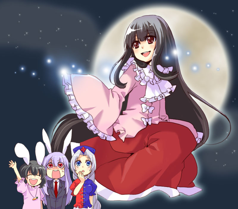 black_hair, bunny_ears, houraisan_kaguya, inaba_tewi, maki_(maki88), moon, open_mouth, rabbit_ears, reisen_udongein_inaba, touhou, yagokoro_eirin